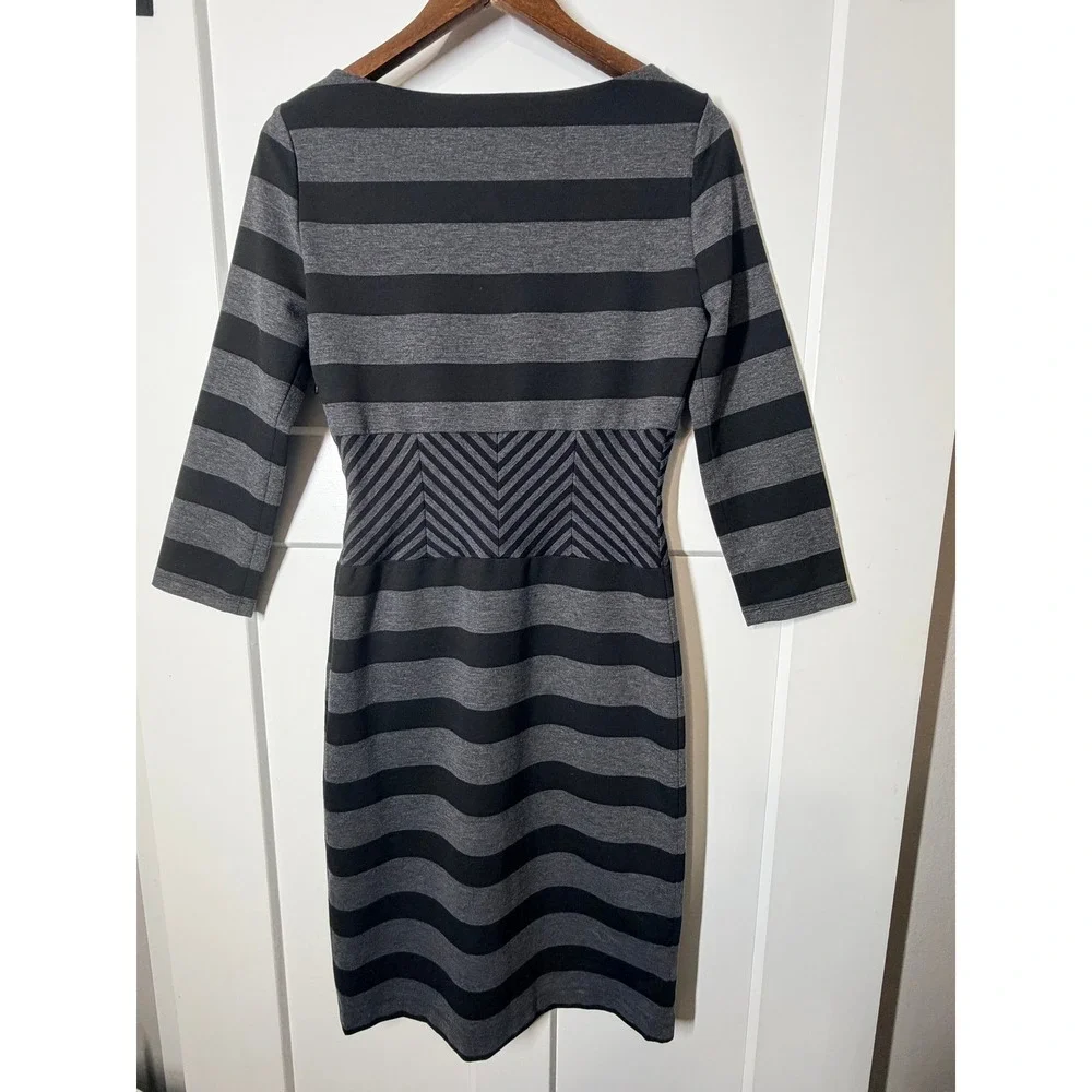 BCBGMAXAZRIA Roslyn Dress Women M Grey Black Good Striped 3/4 Sleeve Sheath